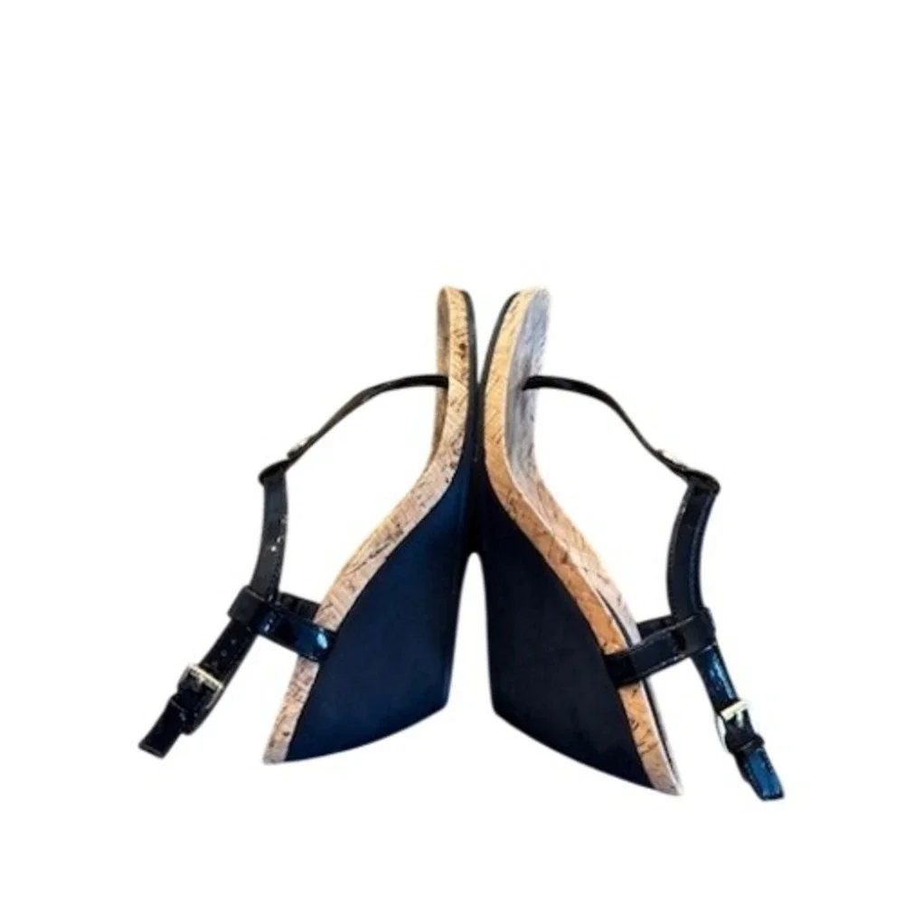 Lauren Ralph Lauren Size 8.5 Black Patent T-Strap Cork‎ Wedge Sandals Shoes